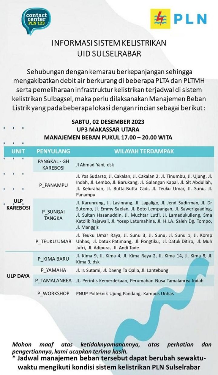Jadwal Pemadaman Listrik di Makassar Sabtu 2 Desember 2023