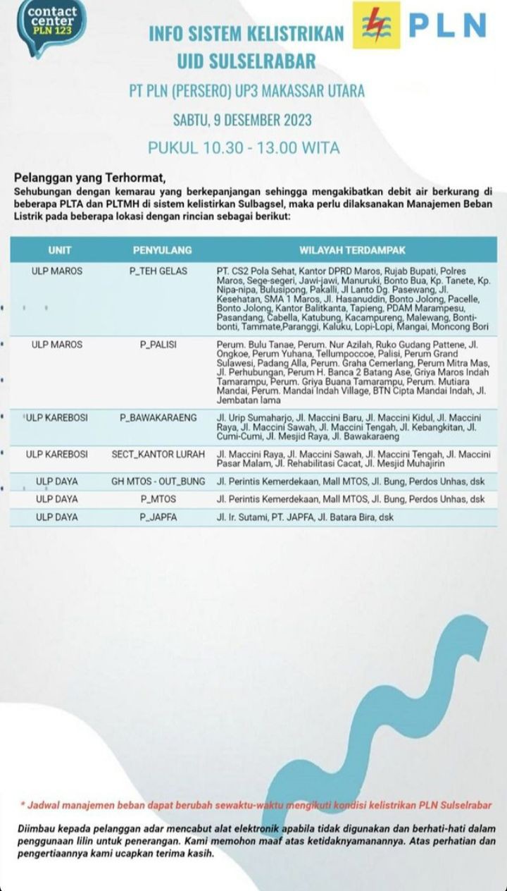Jadwal dan Lokasi Pemadaman Listrik di Makassar 9 November 2023