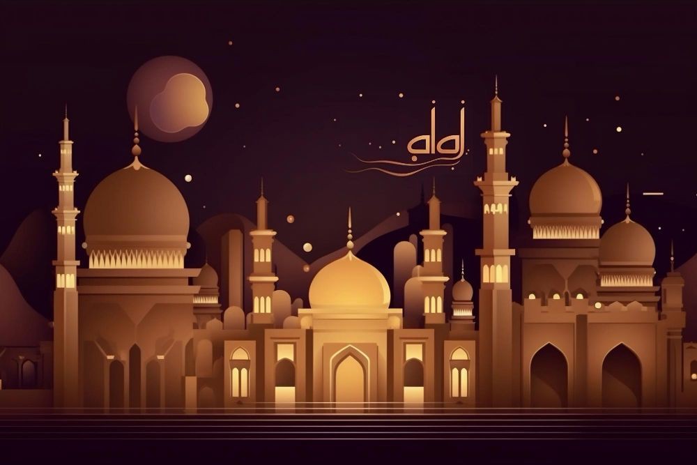 Мечеть Луна. Arabic City. Исламское светельники. Mosque ai generated.