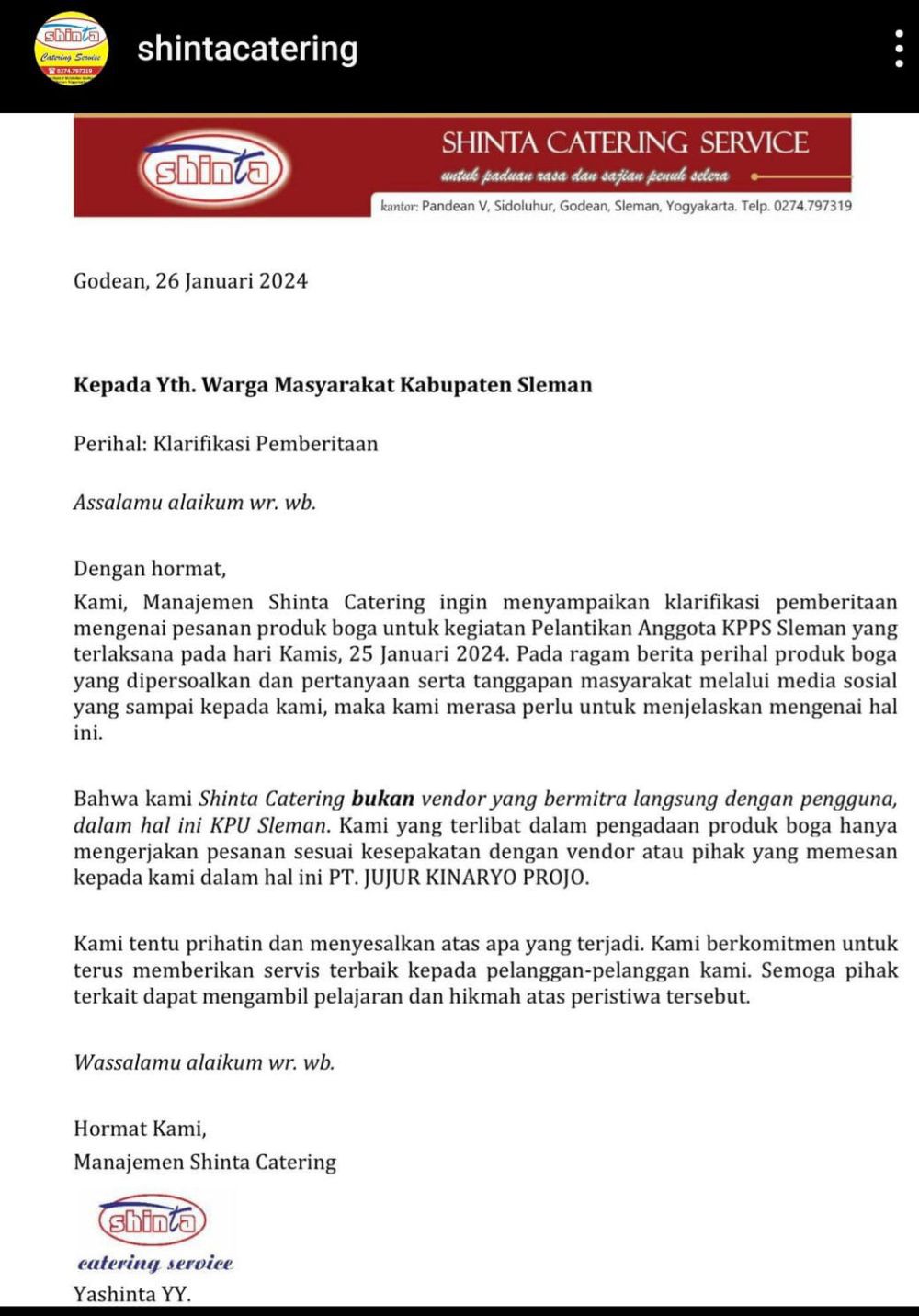Katering Snack Pelantikan KPPS di Sleman Beri Klarifikasi