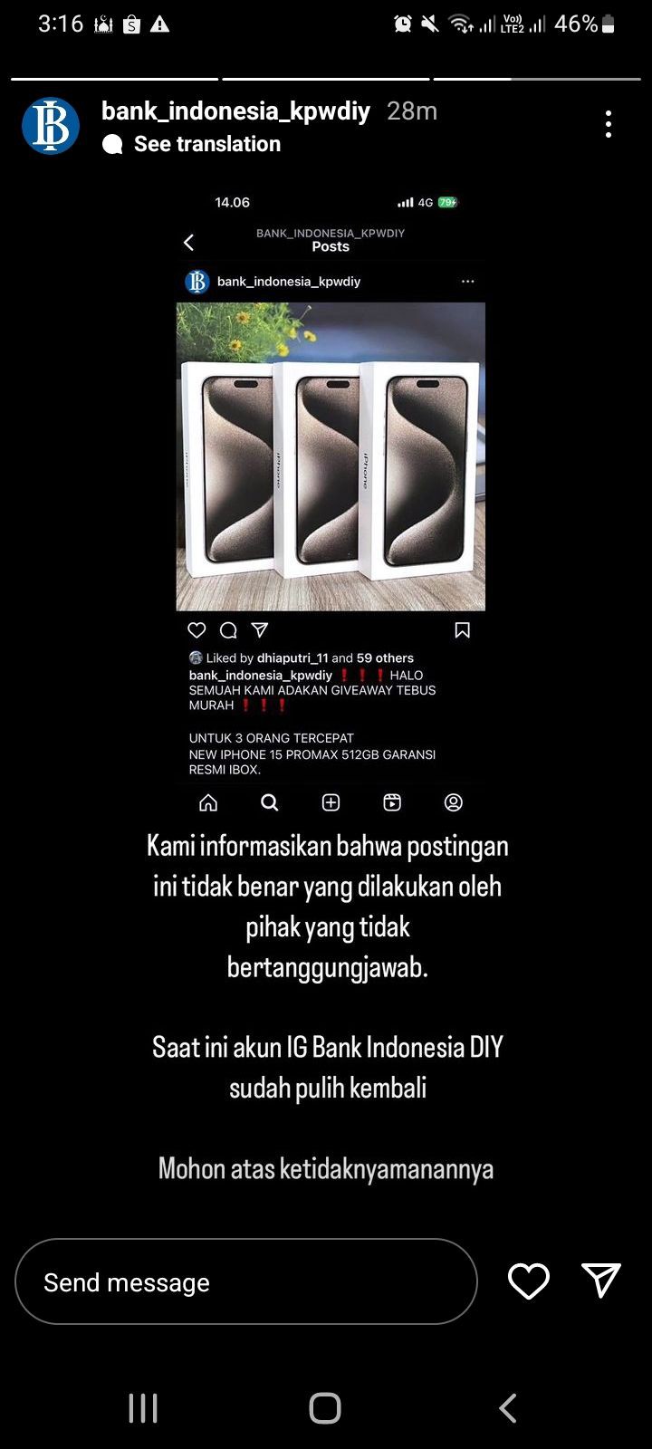 Akun Instagram Bank Indonesia Diretas, Tawarkan Tebus Murah iPhone