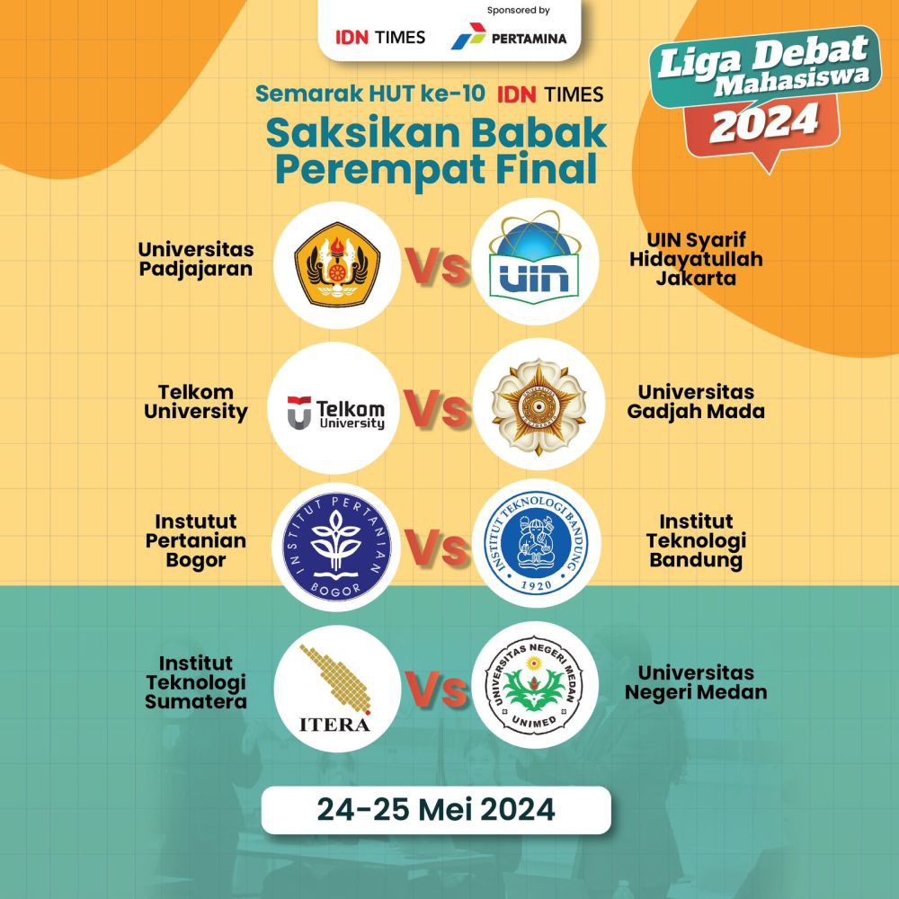 Liga Debat IDN Times Hari Ini: Unpad Vs UIN Jakarta dan Telkom Vs UGM