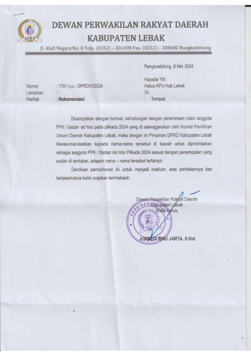 Beredar Surat Rekomendasi PPK Pilkada, Ketua DPRD Lebak Membantah