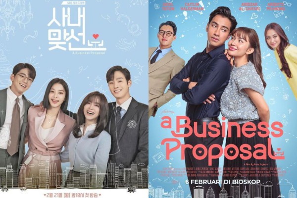 Poster Resmi Series Business Proposal Menampilkan Pemeran Utama Dengan Latar Belakang Gedung Perkantoran